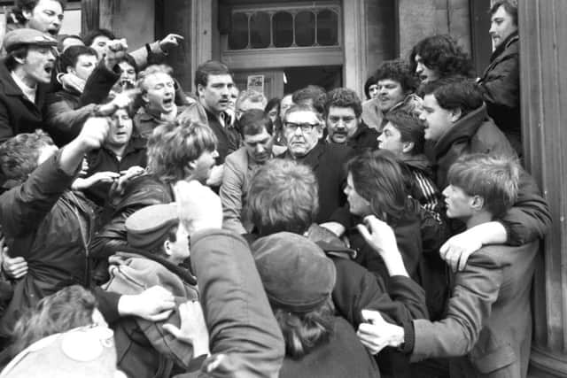 Scottish NUM leader Mick McGahey is jostled by angry miners in Brunswick Street in March 1985. Picture: TSPL