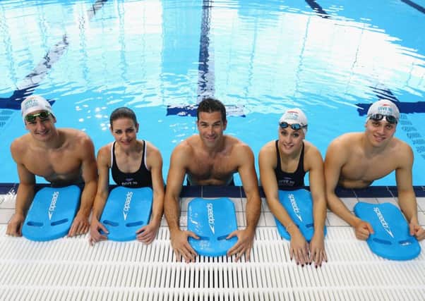Michael Jamieson, Kirsty Gallacher, Gethin Jones, Siobhan O'Conner and James Guy pose for the camera's during the Speedo "Dive In" launch at Aquatics Centre. Picture: Getty Images