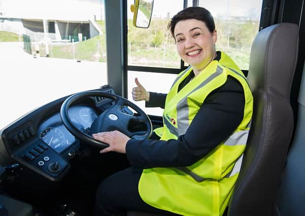 Ruth Davidson has a go at driving a bus in Glasgow. Picture: John Devlin