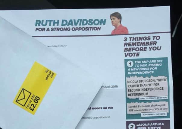 The Scottish Conservative leaflet which had Â£2 postage left to be paid. Picture: Contributed