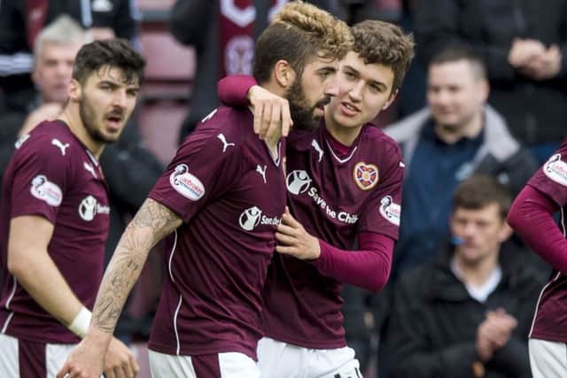 Juanma celebrates after giving Hearts the lead. Picture: SNS