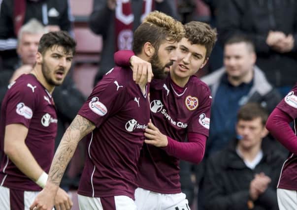 Juanma celebrates after giving Hearts the lead. Picture: SNS