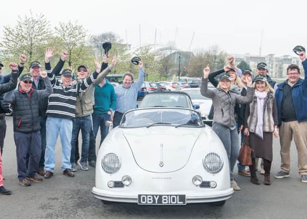 Drivers and co-pilot at the start The Bumble Bee Rally - Edinburgh to Monte Carlo. Picture: Ian Georgeson