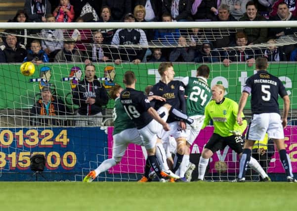 Bob McHugh's late winner for Falkirk consigned Hibs to another year in the Championship. Pic: SNS