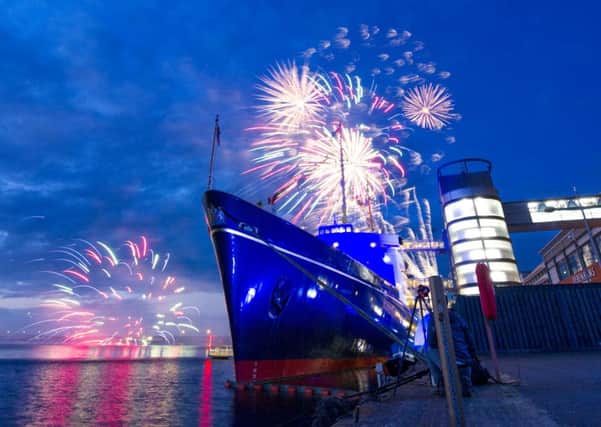 Fireworks display at The Royal Yacht Britannia in celebration of The Queen's 90th Birthday, Ocean Terminal, Leith.  Picture: Ian Rutherford