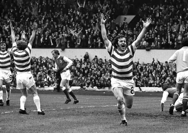 Celtic's Dixie Deans celebrates scoring against Hibs in 1972