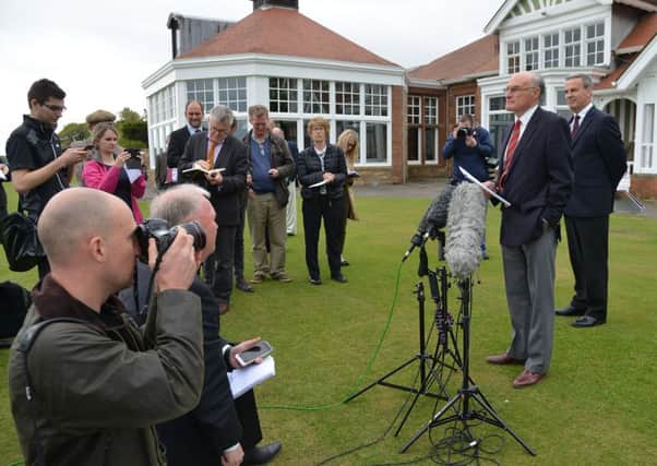 Media gather at Muirfield Golf Club for the announcement. Picture: Jon Savage