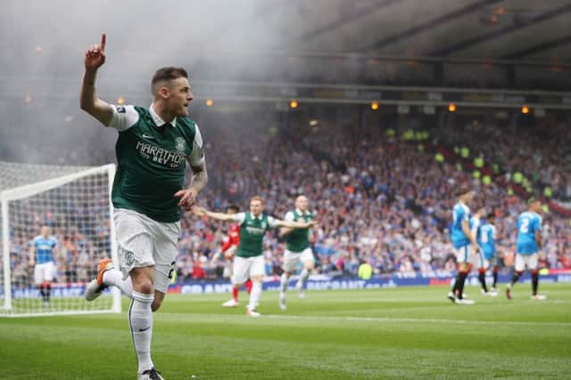 Anthony Stokes of Hibernian celebrates opening the scoring. Picture: Getty