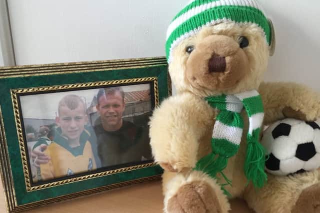 Grandad Bill's Hibbee teddy alongside the picture of his son Kevin with John hughes - he kept both at his bedside. Picture: supplied