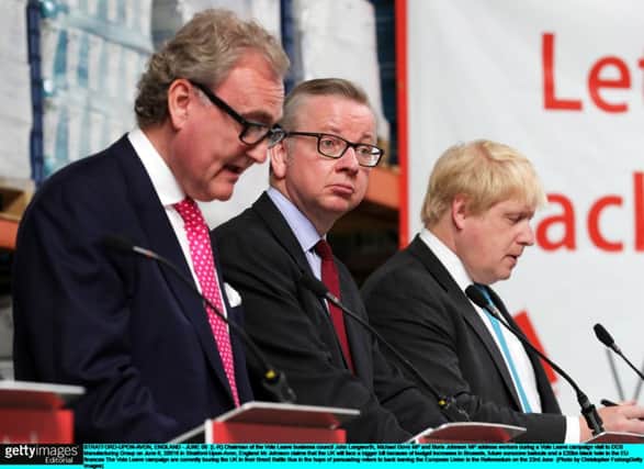 Thrillsville ... Chairman of the Vote Leave business council John Longworth, Michael Gove MP and Boris Johnson MP address workers during a Vote Leave campaign visit to DCS Manufacturing Group. Picture: Christopher Furlong/Getty Images