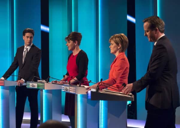 Nicola Sturgeon with Ed Miliband, Plaid Cymru leader Leanne Wood and David Cameron on a TV debate before last year's general election. Picture: PA