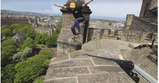 The man is filmed jumping the ramparts on his skateboard. Picture: Screenshot