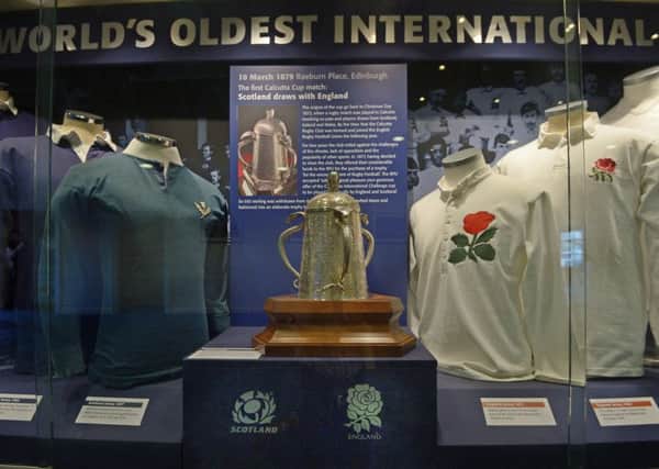 Murrayfield Stadium Tours.  A replica Calcutta Cup and memorabilia from the 1st Scotland v England game at Raeburn Place. Photograph:  Neil Hanna