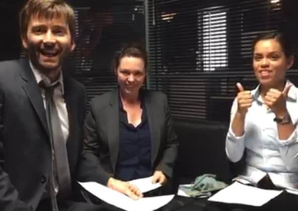 David Tennant and his Broadchurch colleagues Olivia coleman and Georgina Campbell choose the winning cards. Picture: contributed