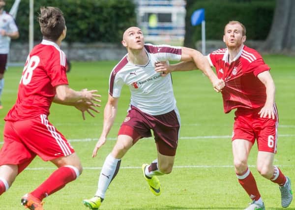 Conor Sammon battles for possession against Aberdeen defender Mark Reynolds in St Andrews. Pic: Ian Georgeson