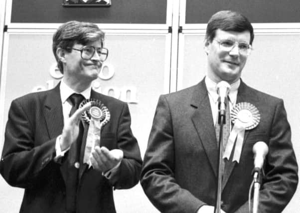 Robin Harper congratulates David Martin on his re-election to the European Parliament in 1989. Picture: Hamish Campbell
