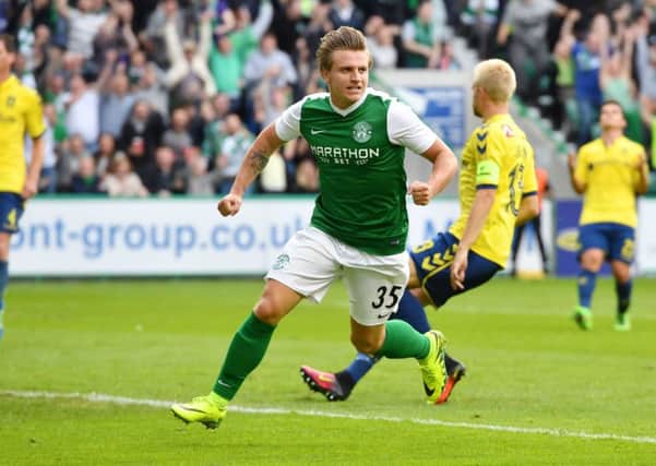 Jason Cummings had a goal disallowed for offside against Brondby, but the Danes will now know how dangerous the Hibs hitman can be. Pic: SNS
