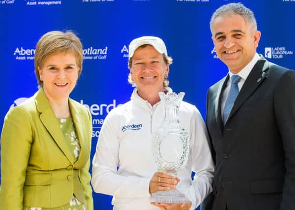 Catriona Matthew with Scotland's First Minister Nicola Sturgeon and Ladies European Tour CEO Ivan Khodabakhsh ahead of this weekend's Aberdeen Asset Management Ladies Scottish Open at Dundonald Links