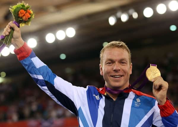 Sir Chris Hoy celebrates his gold medal for the Men's Keirin Track Cycling Final at the London 2012 Olympics (Photo by Bryn Lennon/Getty Images)