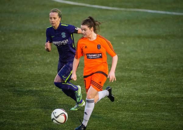 Joelle Murray, left, bagged the winner for Hibs in stoppage time. Pic: Ian Georgeson