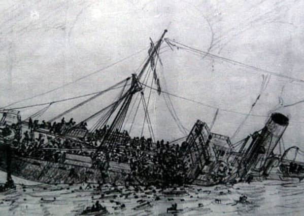 A drawing of the sinking of the Japanese ship, the Lisbon Maru