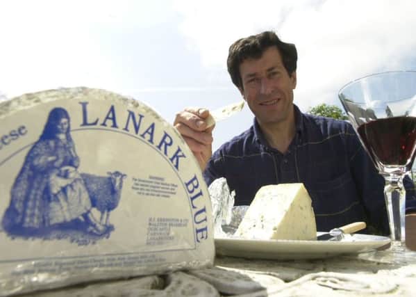 Humphrey Errington on his Lanarkshire Farm with Lanark Blue Cheese  and a glass of wine.