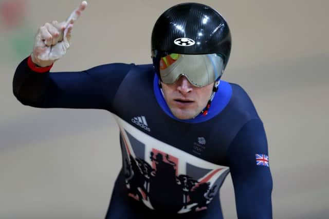 Callum Skinner celebrates during the Men's team sprint on the sixth day of the Rio Olympics. Picture: PA