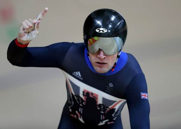 Callum Skinner celebrates during the Men's team sprint on the sixth day of the Rio Olympics. Picture: PA