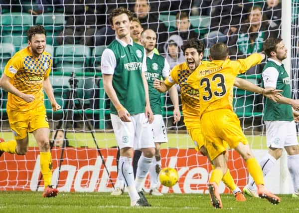 Hibs star Liam Henderson turns and looks aghast after Thomas OWare celebrates scoring at Easter Road