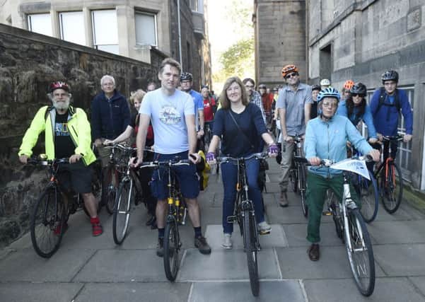 Cyclists in support of a cycle path from Roseburn to Haymarket organised by Henry Whaley and Green MSP Alison Johnstone. Picture; Greg Macvean
