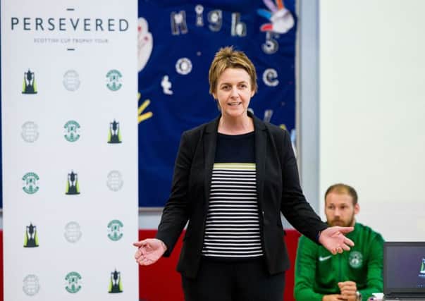 Leeann Dempster speaks to pupils at Hermitage Park Primary on the first date of the cup tour
