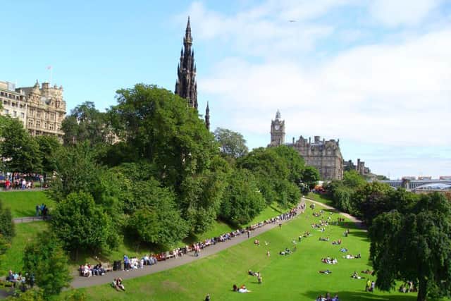 Edinburgh sunshine. Princes Street Gardens from the Mound. Picture; Keith Brotherston