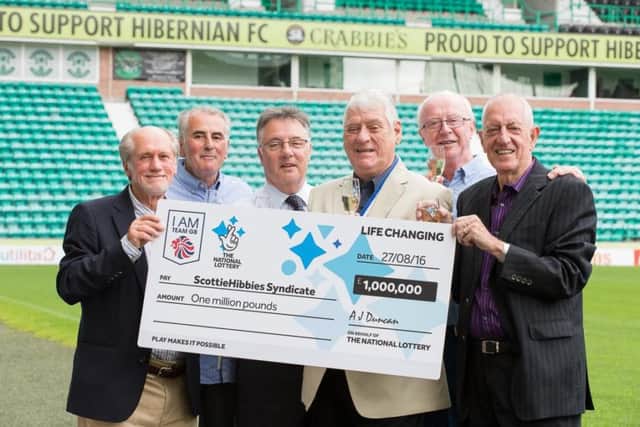 Hibs fans won a life changing sum of money and celebrated at Easter Road. Picture; contributed
