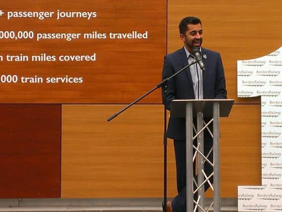 Transport minister Humza Yousaf at a Borders Railway first-year celebration at Waverley Station in Edinburgh today