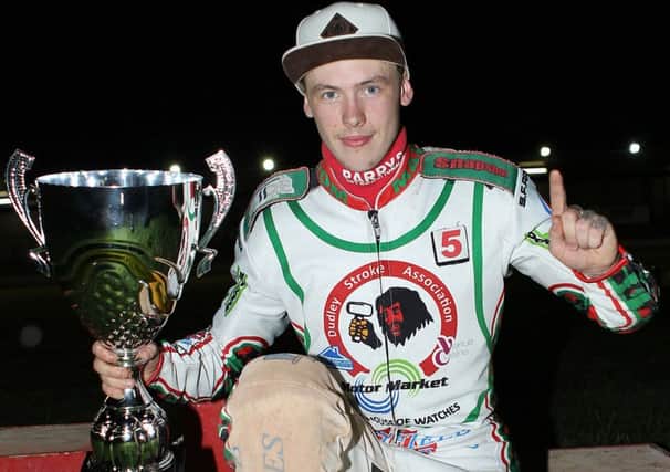 Max Clegg celebrates victory in the National League Riders Championship at Leicester