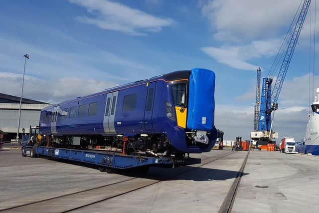 The first ScotRail Class 385 bodyshell arriving in England from Japan