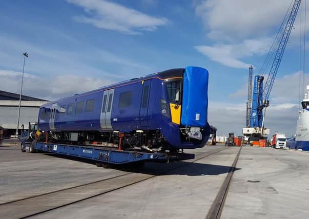 The first ScotRail Class 385 bodyshell arriving in England from Japan