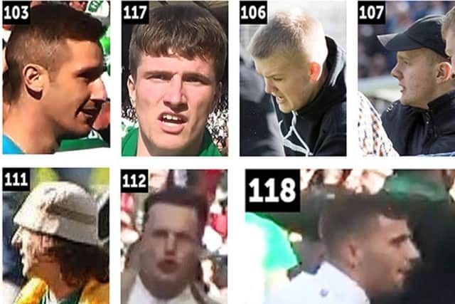 Police are looking to trace these supporters in connection with Scottish Cup final trouble