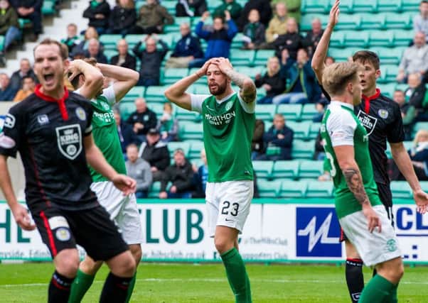 Hibs can't hide their frustration after a chance goes begging against St Mirren last week. Pic: SNS