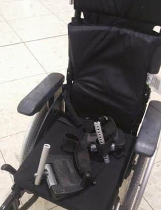 Harvey's broken wheelchair. after the family flew into Edinburgh airprt. Picture; contributed