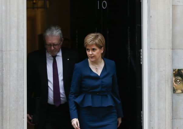Nicola Sturgeon leaves Downing Street after her meeting with Prime Minister Theresa May. Picture: AP Photo/Alastair Grant
