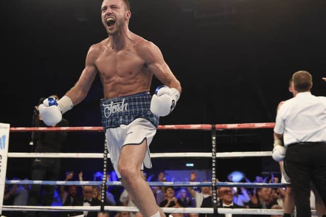 Josh Taylor celebrates after stopping Ryan in the 5th round.   Picture Ian Rutherford