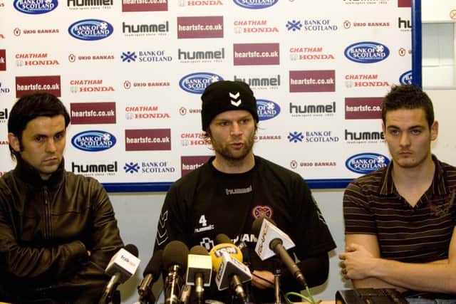 Paul Hartley, Steven Pressley and Craig Gordon address the press and reveal all about Vladimir Romanov's regime. Pic: SNS