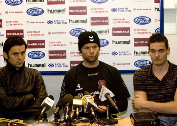 Paul Hartley, Steven Pressley and Craig Gordon address the press and reveal all about Vladimir Romanov's regime. Pic: SNS