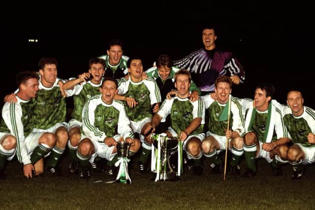 Hibs' players celebrate with the Skol Cup in 1991. Row from left, Gordon Hunter, Keith Wright, Gareth Evans, Willie Miller, Pat McGinley, Murdo MacLeod, Graeme Mitchell, Brian Hamilton, Mickey Weir.
Back three, David Beaumont, Neil Orr and John Burridge. Pic: SNS