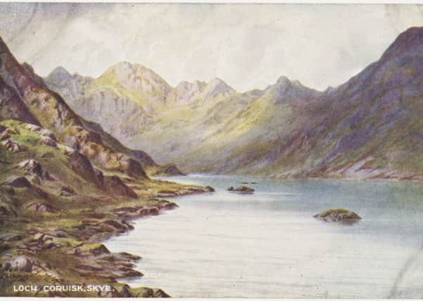 Loch Coruisk , Skye. A typical early 20th Century postcard from J Valentine who used artists to touch up and colour photographic negatives. PIC Courtest of the University of St Andrews Library/JV-Misc-3-49-6