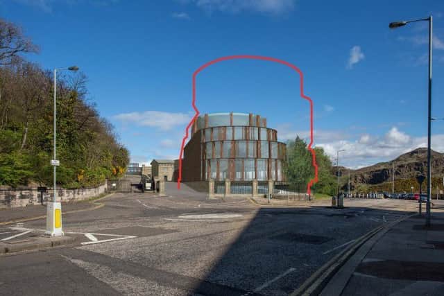Revised proposals for the hotel plans for Royal high School. The red outline showns where the terraces came to on the old plans. Picture: contributed