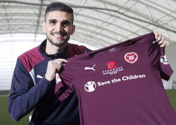 Igor Rossi shows off the Hearts poppy short. There is a minutes silence at todays game for those who made the ultimate sacrifice