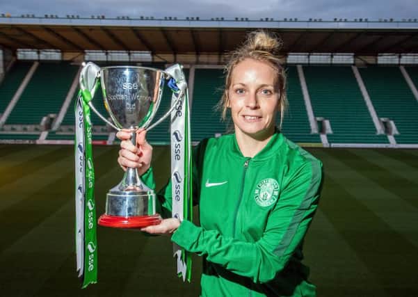 Hibernian Ladies captain Joelle Murray with the Scottish cup at Easter Road the day after their victory against Glasgow City. Pic: Ian Georgeson