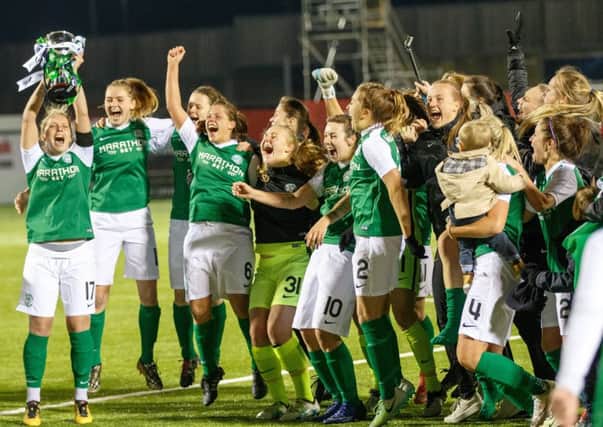 The Hibs Ladies team celebrate their Scottish Cup success. Pic: Robert Perry